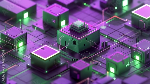 close-up black processor cube MediaTek in purple neon power lines, power, energy, contrast colors. Generative Ai