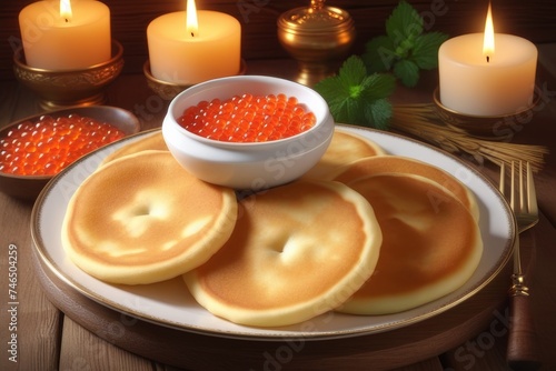 There are plates of pancakes on the wooden table.red caviar on top.candles are burning in the background