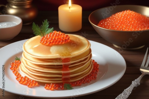 There are plates of pancakes on the wooden table.red caviar on top.candles are burning in the background