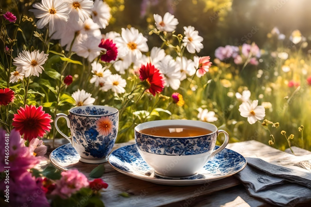 Relaxing moment with a cup of hot tea and a beautiful plate of vibrant flowers on a sunny afternoon Relaxing moment with a cup of hot tea and a beautiful plate of vibrant flowers on a sunny afternoon