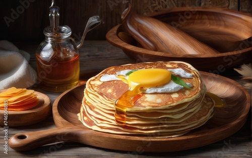 A large stack of Russian pancakes with jam or caramel. A traditional dish of Russian cuisine. photo