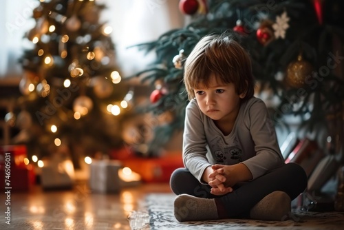 Sad kid sitting on the fllor near decorated Christmas tree at home, Generative AI photo