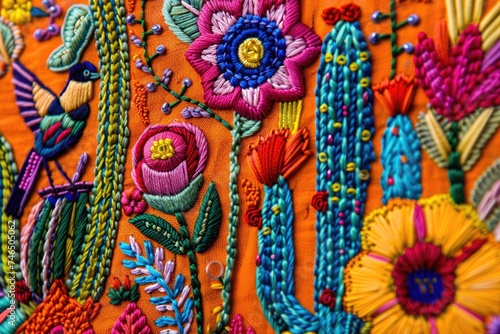 Mexican embroidery with cacti, flowers, birds, beads