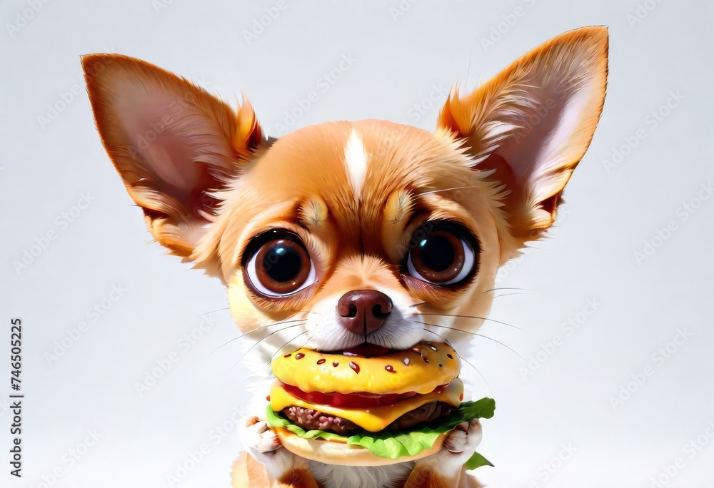 Cute chihuahua puppy eating a hamburger. 3D Puppy eats fast food.