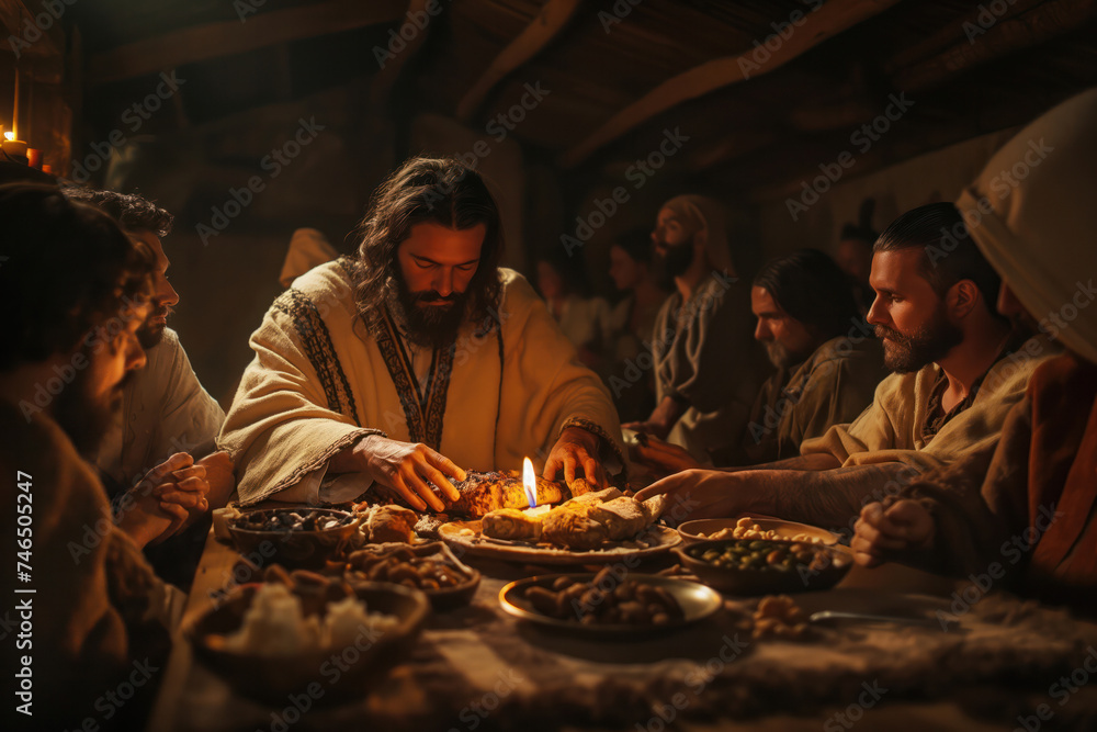 Historical Reenactment of a Biblical Scene with Figures Gathered Around a Meal in Traditional Attire. Concept of Easter and resurrection, cleansing from sins, 