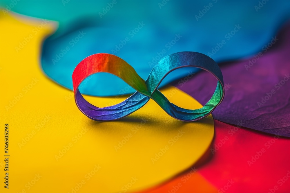 World Autism Awareness Day, Autism Acceptance Month concept.Autism infinity rainbow symbol sign on colorful background. Autism rights movement, neurodiversity, acceptance movement symbol, Generative A - obrazy, fototapety, plakaty 
