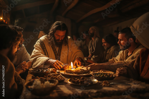 Historical Reenactment of a Biblical Scene with Figures Gathered Around a Meal in Traditional Attire. Concept of Easter and resurrection  cleansing from sins  