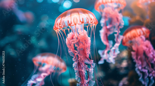 Pink jellyfish under the sea.