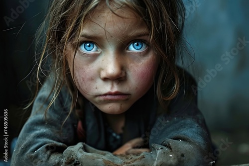 Portrait of poor, hungry neglected, dirty girl with blue eyes. Poverty, misery, migrants, homeless people, war, Generative AI photo