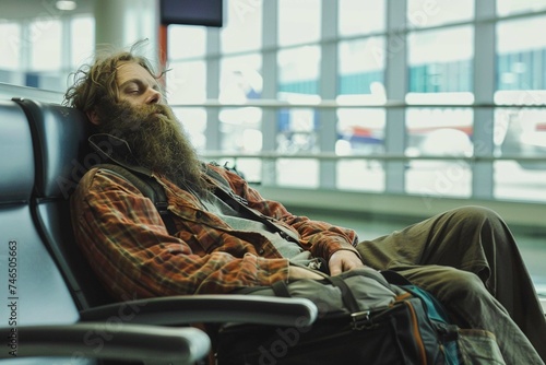 An airport man gets stuck Picture of a bearded hypostyle person lounging in the airport waiting area while reclining on a black chair and using his travel rucksack photo