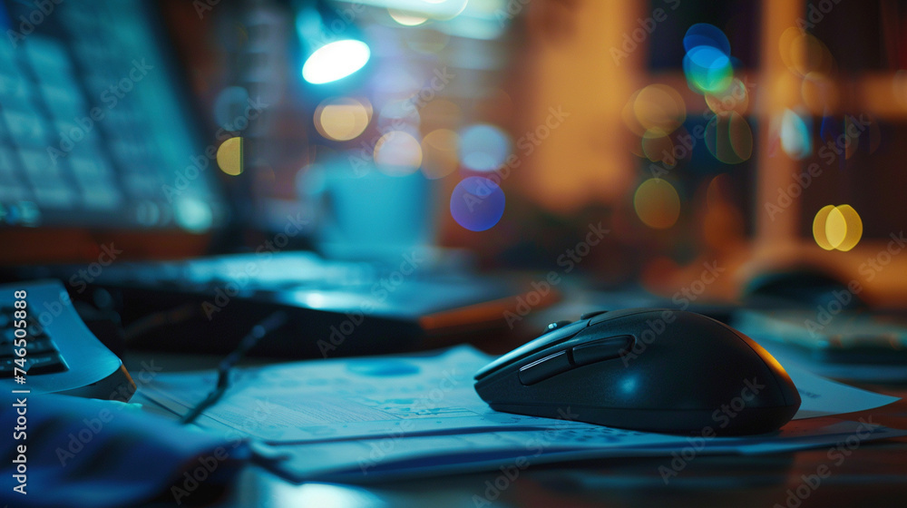 An intense focus shot of a computer mouse and financial papers, with a worker calculating figures late into the night, blurred background, with copy space An intense focus shot of a computer mouse and financial papers, with a worker calculating figures late into the night, blurred background, with copy space