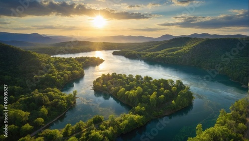 a large body of water surrounded by trees, river and trees and hills, mountains river trees, wide river and lake, vibrant setting, forest and river. 