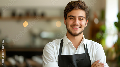 Handsome young man barista with apron standing in a coffee shop and smiling at the camera