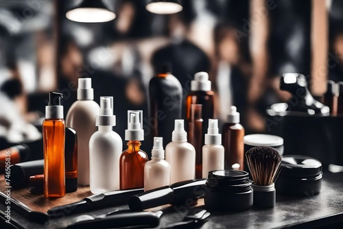 Different cosmetics bottles in barbershop