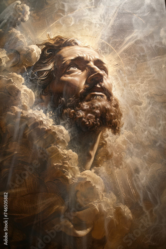 Jesus Gazing Skyward Amidst Ethereal Light and Clouds Artwork, Jesus, Concept of Easter and Resurrection, Cleansing From Sins
