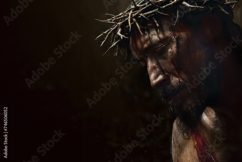Solemn Portrayal of a Man with Crown of Thorns in Dim Light, Concept of Easter and Resurrection, Cleansing From Sins, Banner with Copy Space © zakiroff