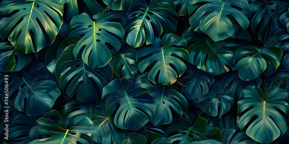 Trendy summer design with a tropical jungle theme featuring monstera leaves seamless background. Concept Tropical Summer Design, Monstera Leaves, Seamless Background, Trendy Theme, Jungle-inspired