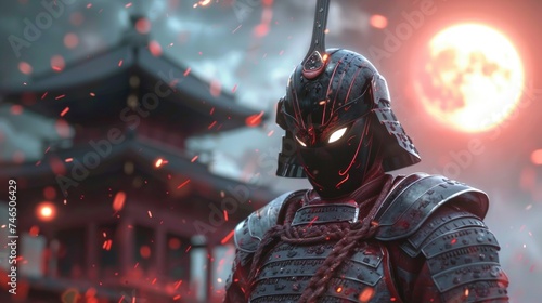 Machine learning driven samurai in a fantasy anime set against the backdrop of the Roman Empire during a lunar eclipse jazz fusion soundtrack 3D render