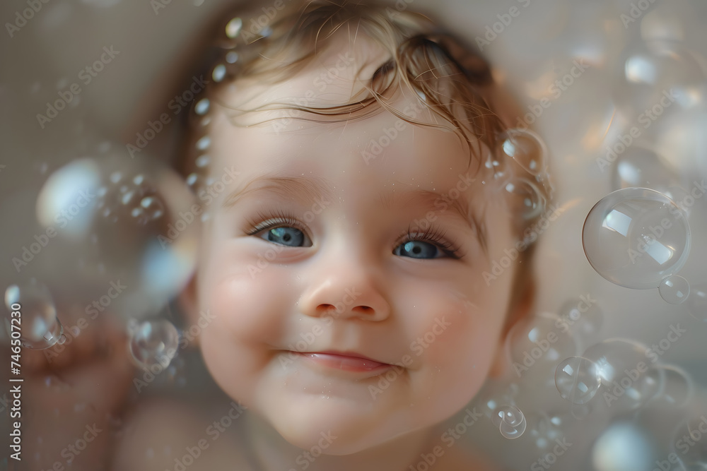 Close up portrait of cute baby smiling enjoying a bubbly bath Close up portrait of cute baby smiling enjoying a bubbly bath