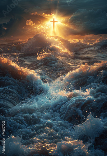 Christian Cross in stormy ocean