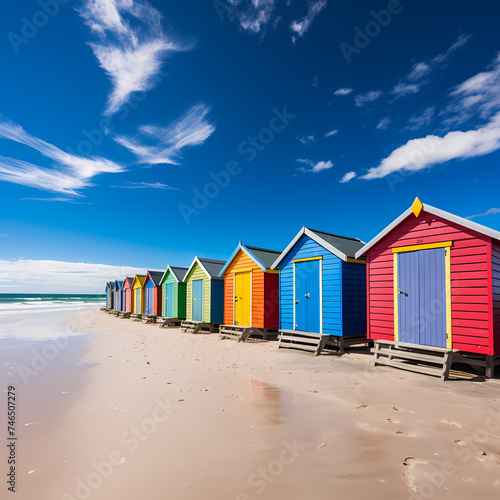 A row of colorful beach huts against a blue sky. © Cao