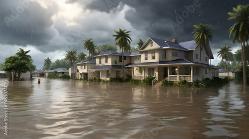 A severe tropical storm with heavy rainfall caused a major flooding, and the floodwaters inundated houses. The inclement weather resulted in the flooding.Generative AI