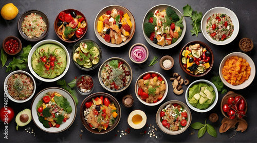 Assortment of healthy food dishes. Top view.Generative AI