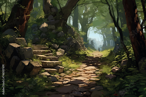 painting illustration forest spring waterfall nature green fantasy 2d render loop