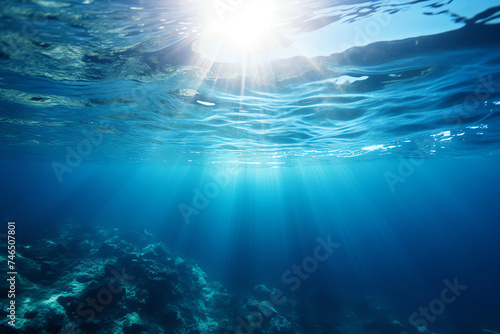 Crystal-clear seawater with sandy seabed and radiant sunlight piercing through, capturing the vibrant marine life below in a serene underwater setting
