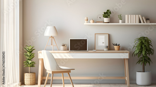 Sleek, minimalist home office with white desk, wood accents, floating shelves, green plants, abundant light, and a warm, functional, stylish decor. © Studio ExMachina