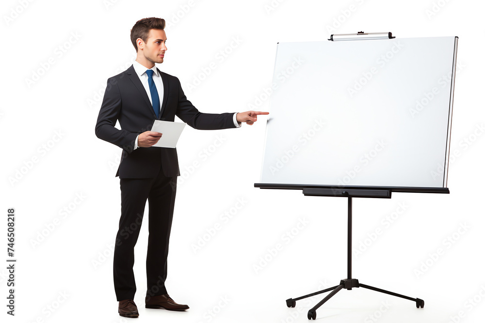 Business professional presenting growth chart on whiteboard in corporate setting. Young man in suit delivering financial analysis Business professional presenting growth chart on whiteboard in corporate setting. Young man in suit delivering financial analysis