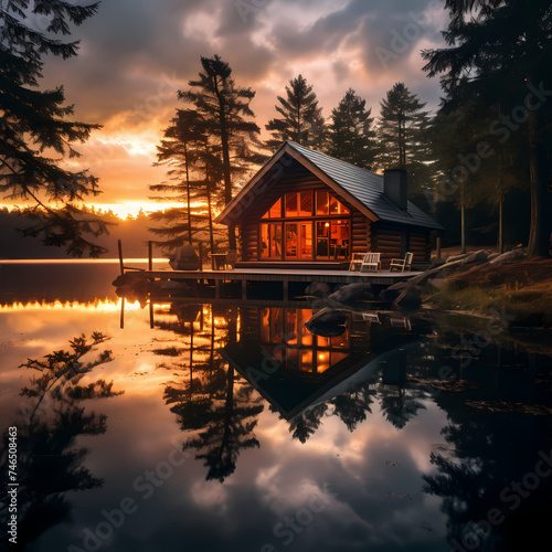 A tranquil lakeside cabin at dawn. © Cao
