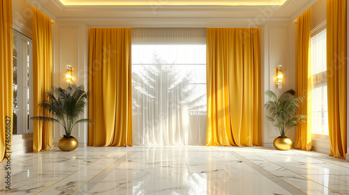 White room with the marble floor and big window and Yellow curtain, chrismass tree and wall lamp, winter season photo