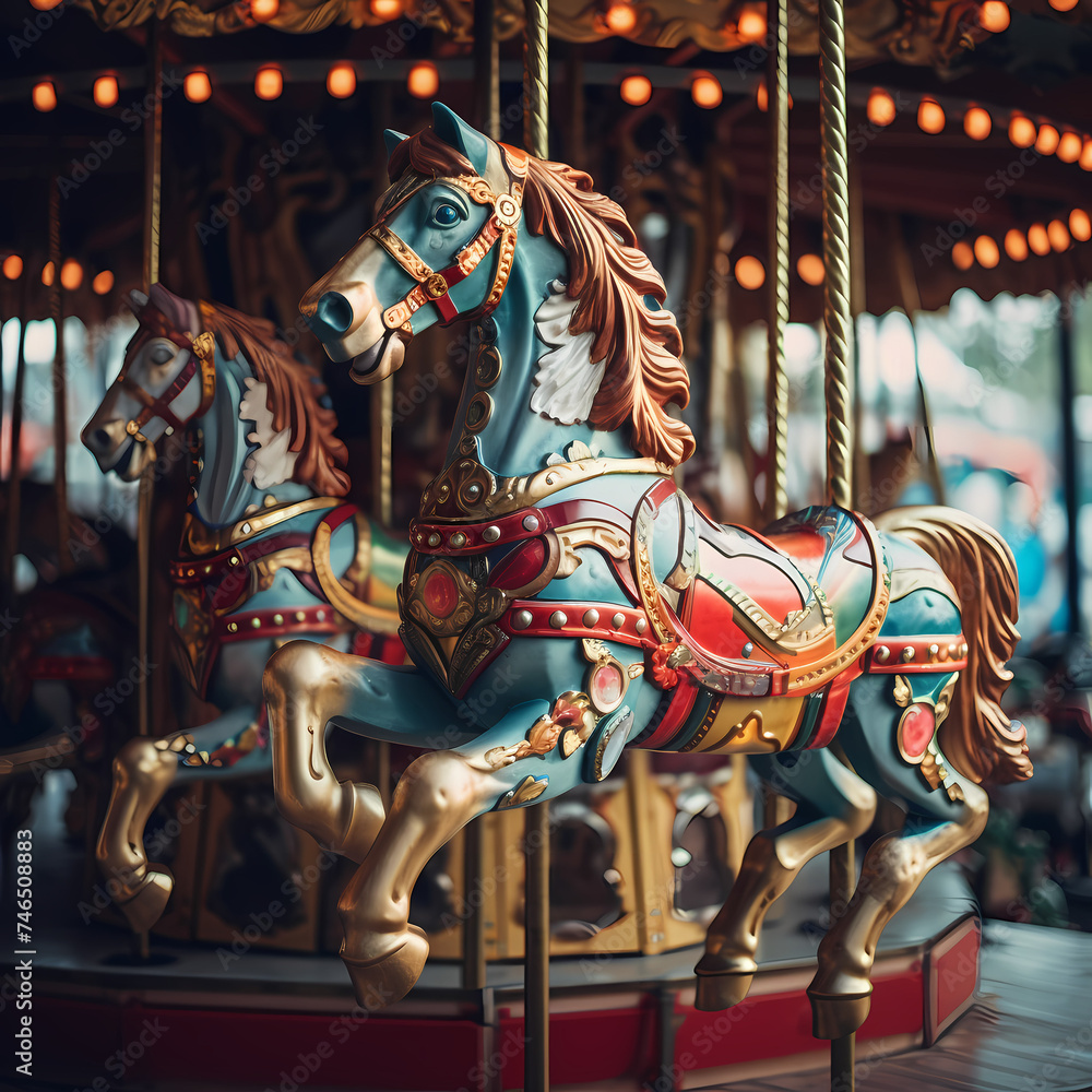 A vintage carousel with brightly painted horses.