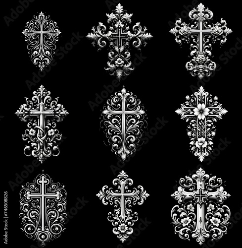 Graceful crosses: timeless engravings on black granite. Black and white image on a black background
