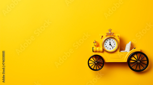 A car model that is a yellow clock on a yellow background. The concept of combining products with a beautiful background.