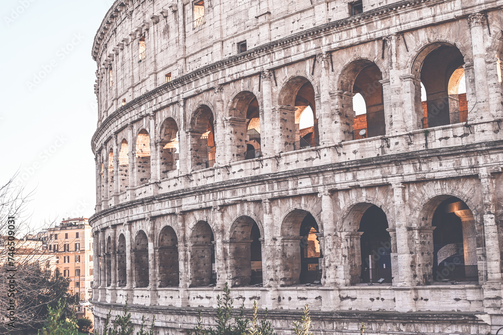  View of Colosseum in Rome, Italy. Rome architecture and landmark. Rome Colosseum is one of the main attractions of Rome and Italy