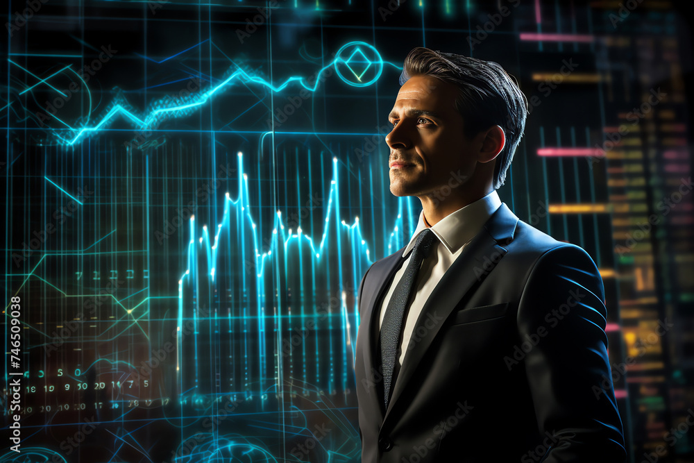 Man in suit with market graphs, indicating success. concept of financial analysis and business strategy in a corporate setting Man in suit with market graphs, indicating success. concept of financial analysis and business strategy in a corporate setting