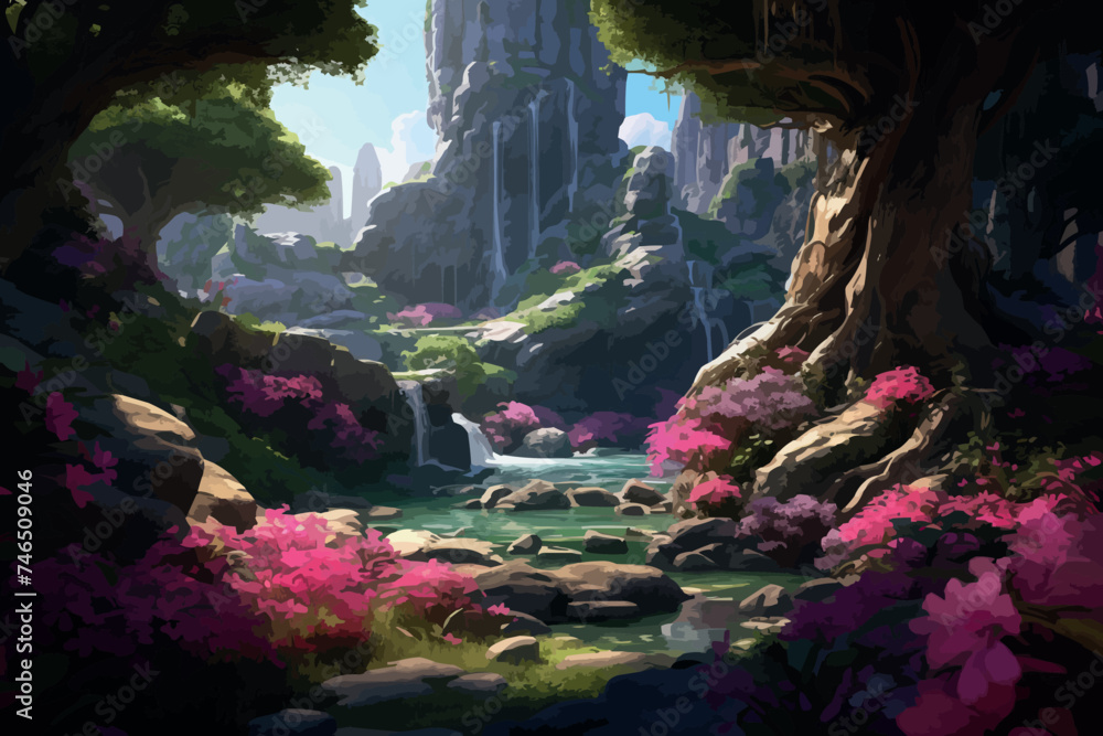 painting illustration forest spring waterfall nature green fantasy 2d render loop