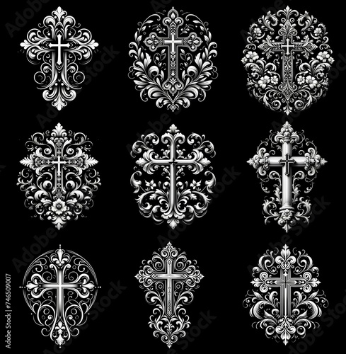 Graceful crosses: timeless engravings on black granite. Black and white image on a black background