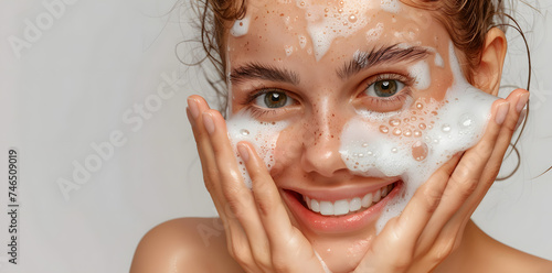 Close-up portrait of smiling woman washing face with soap foam, isolated on light grey background