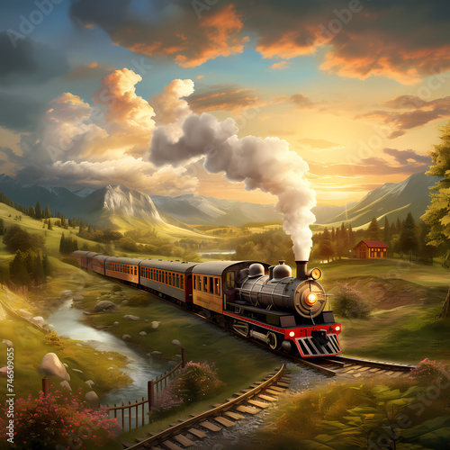 A vintage train traveling through a picturesque countryside.