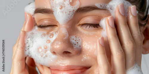 Close-up portrait of smiling woman washing face with soap foam, isolated on light grey background