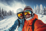 Happy couple skiing, taking snowy selfie on mountain. Joyful winter moment captured