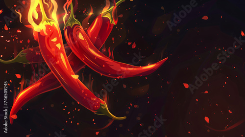 A pod of red chili pepper burns in a fire on a dark background.