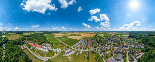 Die Ortschaft Bonlanden mit dem markanten Kloster im Luftbild, 360 Grad Rundblick photo