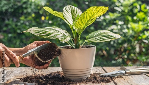 stock photos feature a dieffenbachia plant being repotted highlighting the concept of botanical upgrade