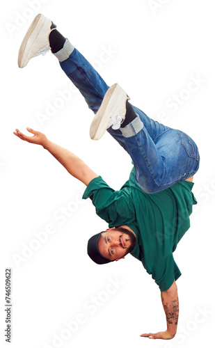 breakdancer guy performing inverted freeze technique on transparent background  photo