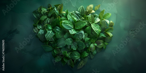 reen heart made of leaves as a symbol of earth love and healthy enviornment Green life concept The texture of heart shape leaves on blured green background Earth day banner . photo