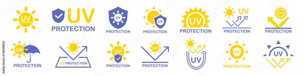 UV protection icon set. UV radiation icon. Ultraviolet symbol. Sun uv protection icons. Vector pictogram of sunscreen spf. Skincare illustration, sign for cosmetics packaging